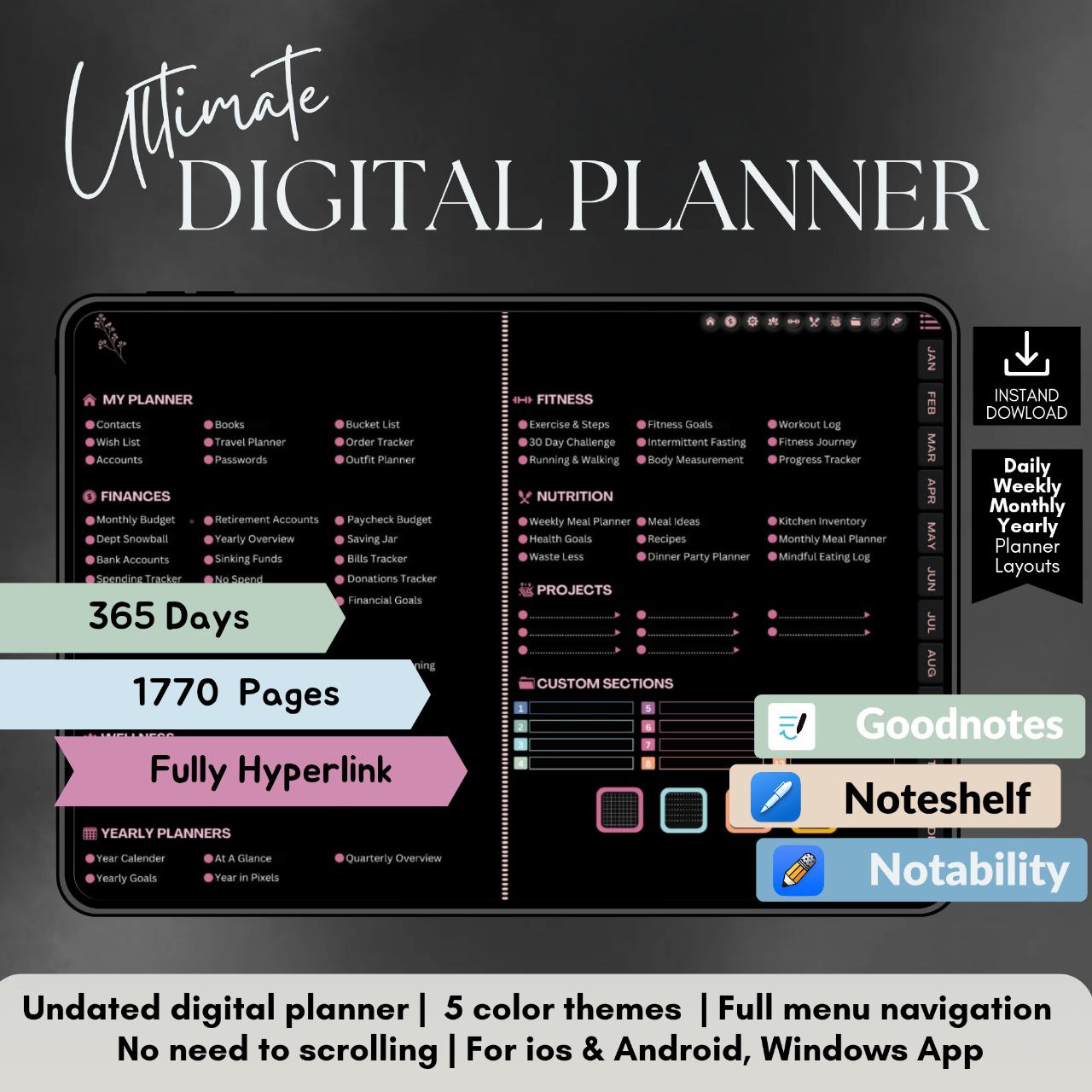 ADHD Digital Planner Horizontal Dark Mode | 1700+ Hyperlinked Pages | iPad & Android Compatible | Daily, Weekly, Monthly Planning | GoodNotes & Notability