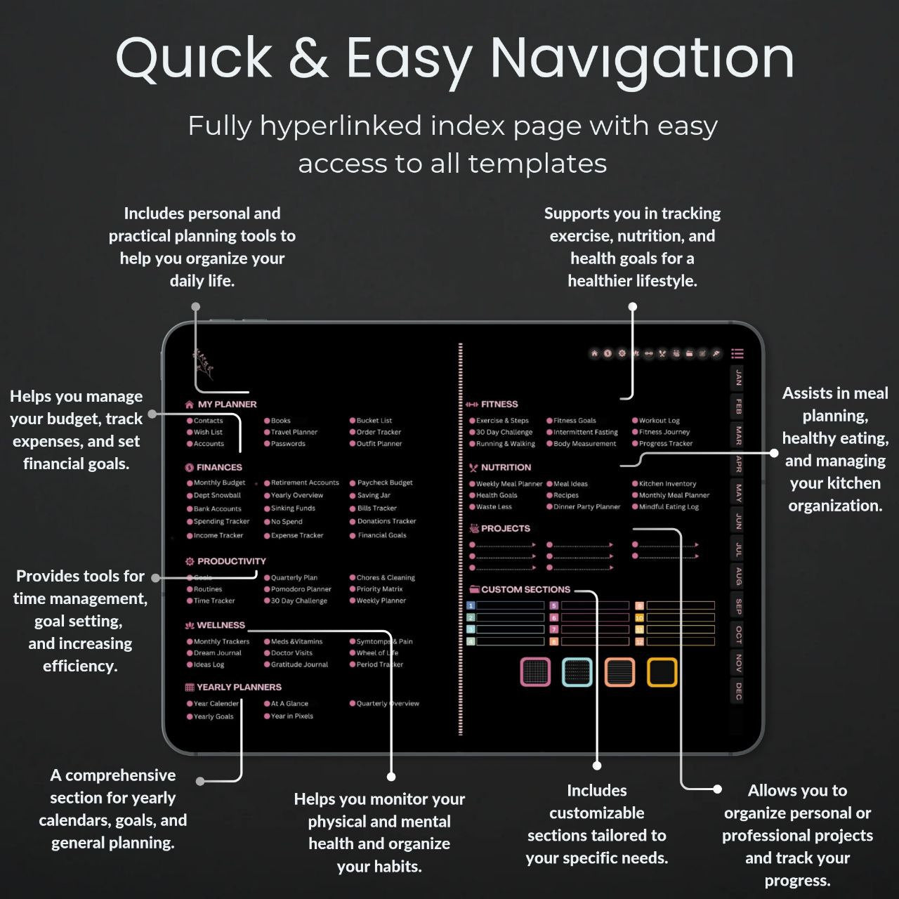 ADHD Digital Planner Horizontal Dark Mode | 1700+ Hyperlinked Pages | iPad & Android Compatible | Daily, Weekly, Monthly Planning | GoodNotes & Notability