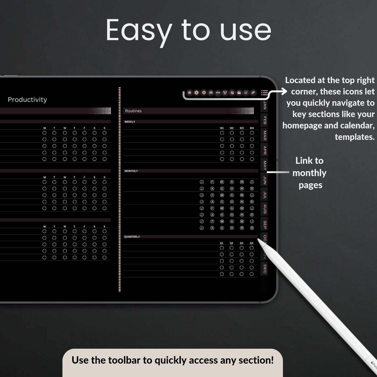 ADHD Digital Planner Horizontal Dark Mode | 1700+ Hyperlinked Pages | iPad & Android Compatible | Daily, Weekly, Monthly Planning | GoodNotes & Notability
