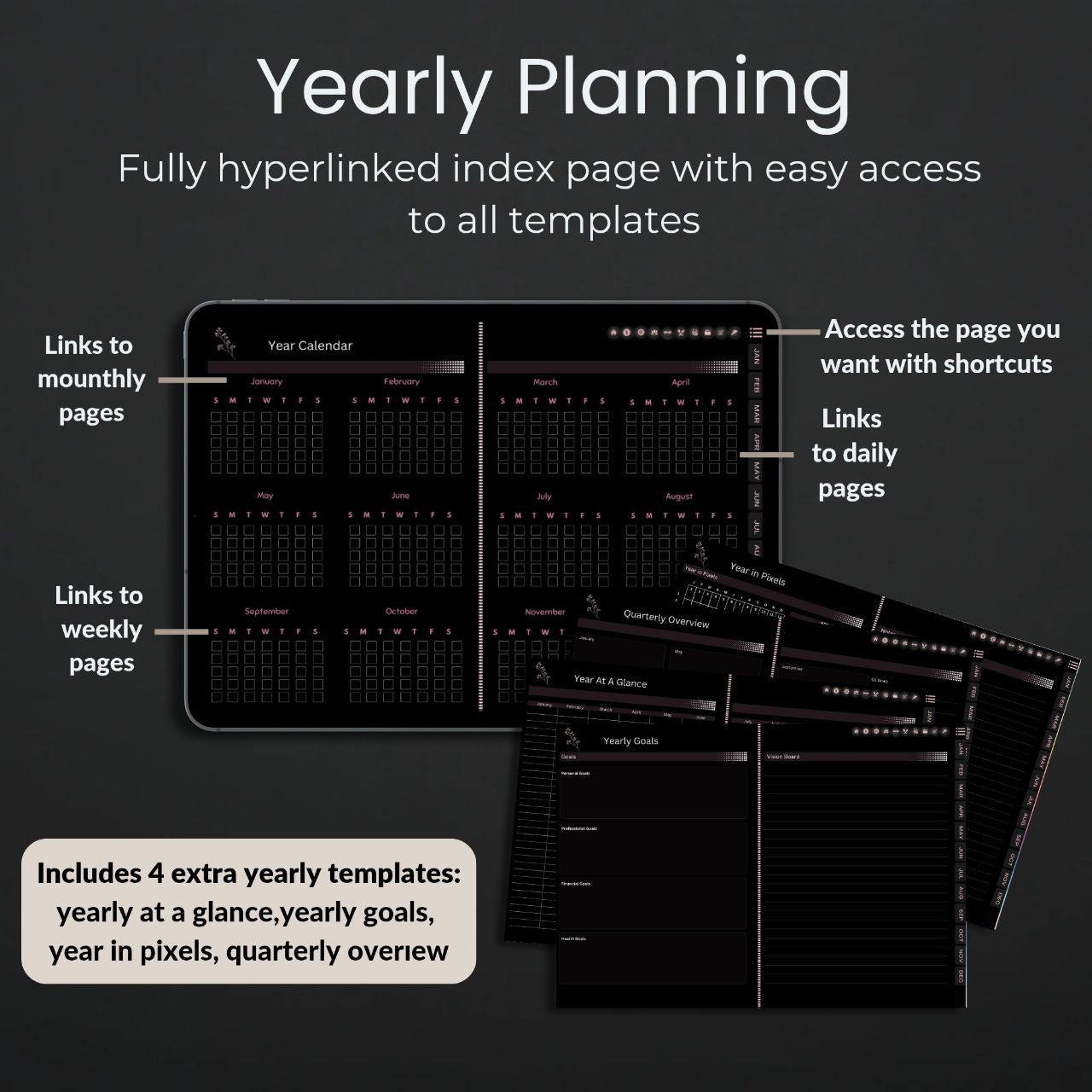 ADHD Digital Planner Horizontal Dark Mode | 1700+ Hyperlinked Pages | iPad & Android Compatible | Daily, Weekly, Monthly Planning | GoodNotes & Notability