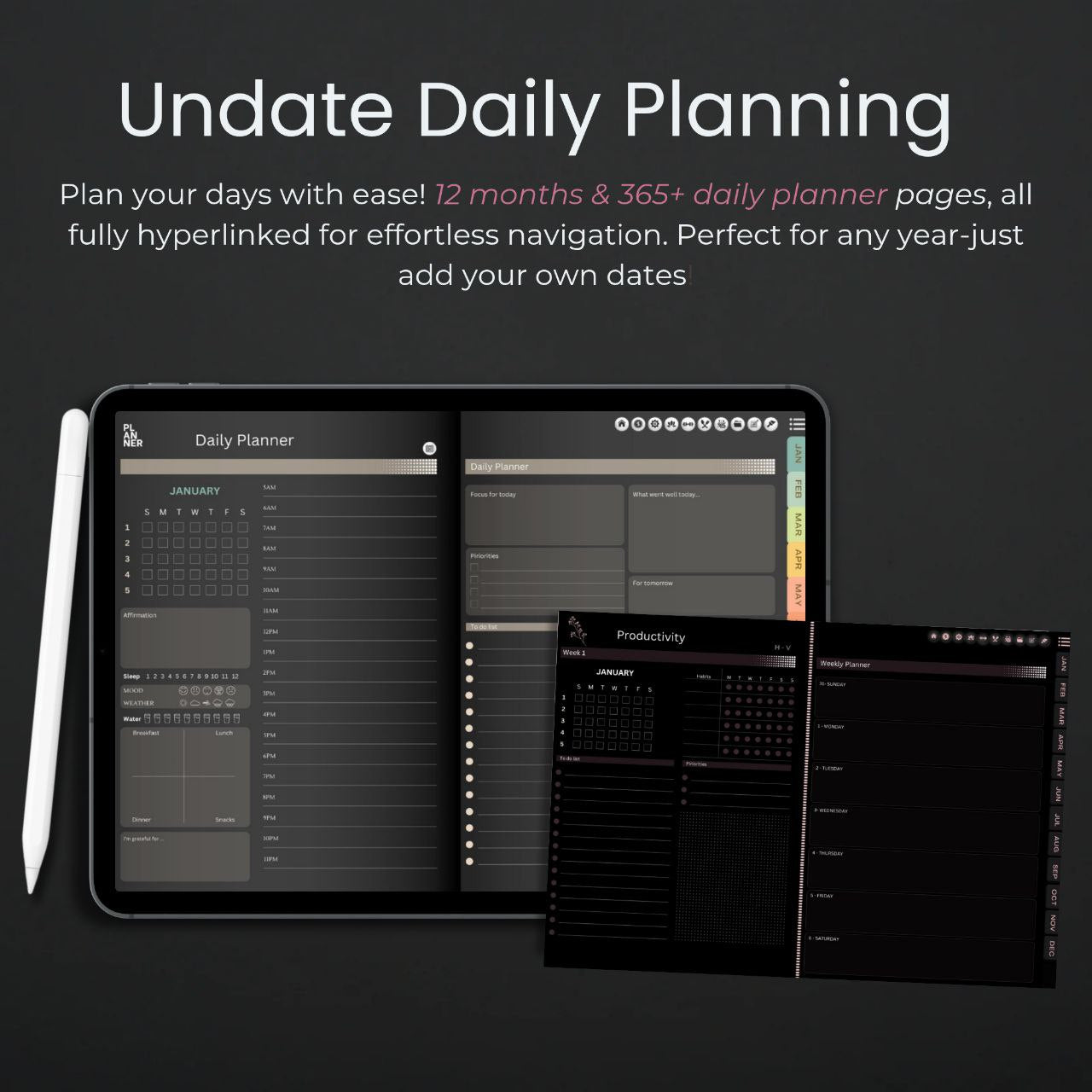 ADHD Digital Planner Horizontal Dark Mode | 1700+ Hyperlinked Pages | iPad & Android Compatible | Daily, Weekly, Monthly Planning | GoodNotes & Notability