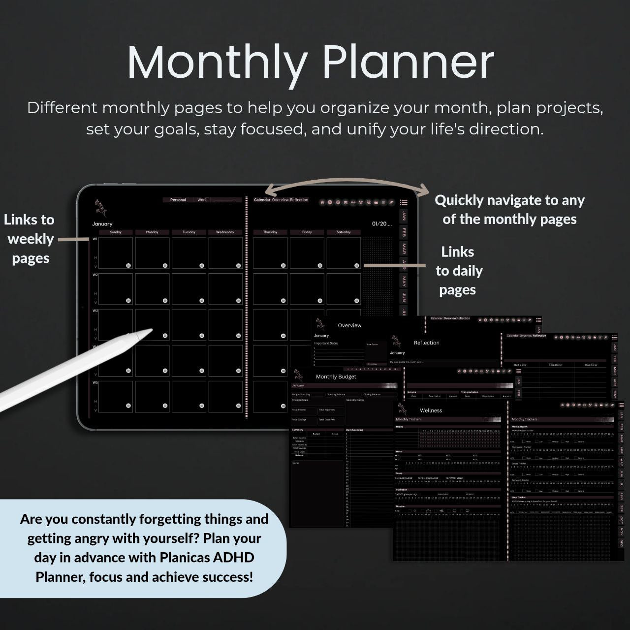 ADHD Digital Planner Horizontal Dark Mode | 1700+ Hyperlinked Pages | iPad & Android Compatible | Daily, Weekly, Monthly Planning | GoodNotes & Notability