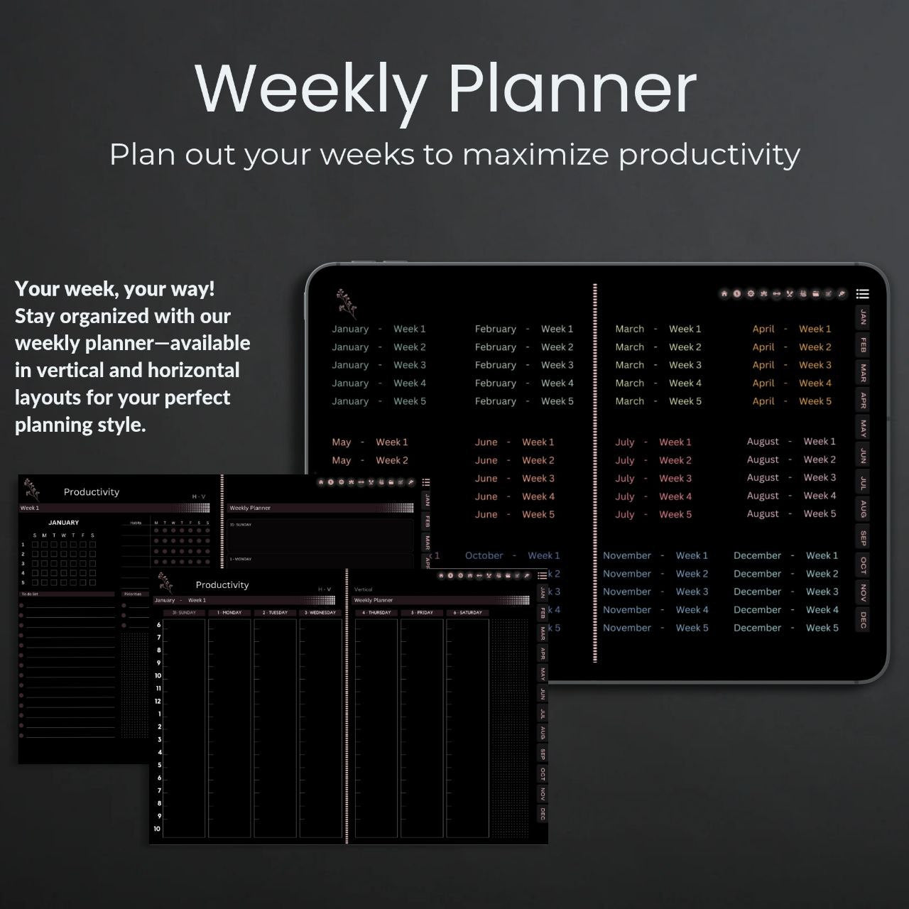 ADHD Digital Planner Horizontal Dark Mode | 1700+ Hyperlinked Pages | iPad & Android Compatible | Daily, Weekly, Monthly Planning | GoodNotes & Notability