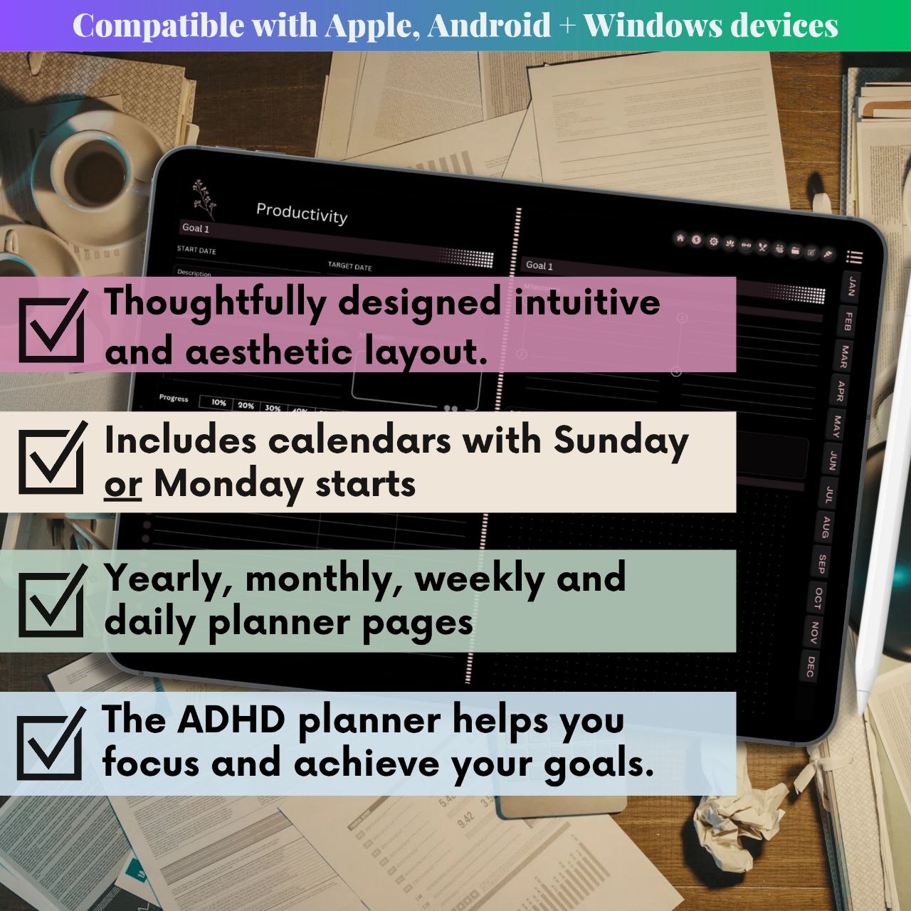 ADHD Digital Planner Horizontal Dark Mode | 1700+ Hyperlinked Pages | iPad & Android Compatible | Daily, Weekly, Monthly Planning | GoodNotes & Notability