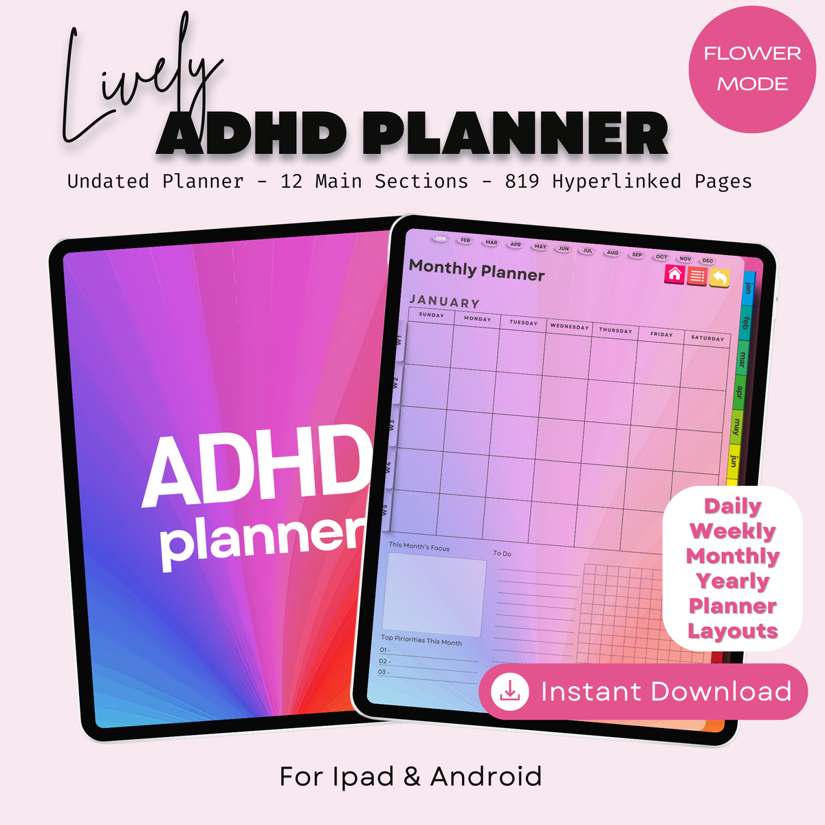 The Bloom ADHD Planner: Where Your Ideas Can Blossom | Floral Edition, Hyperlinked for iPad & Android