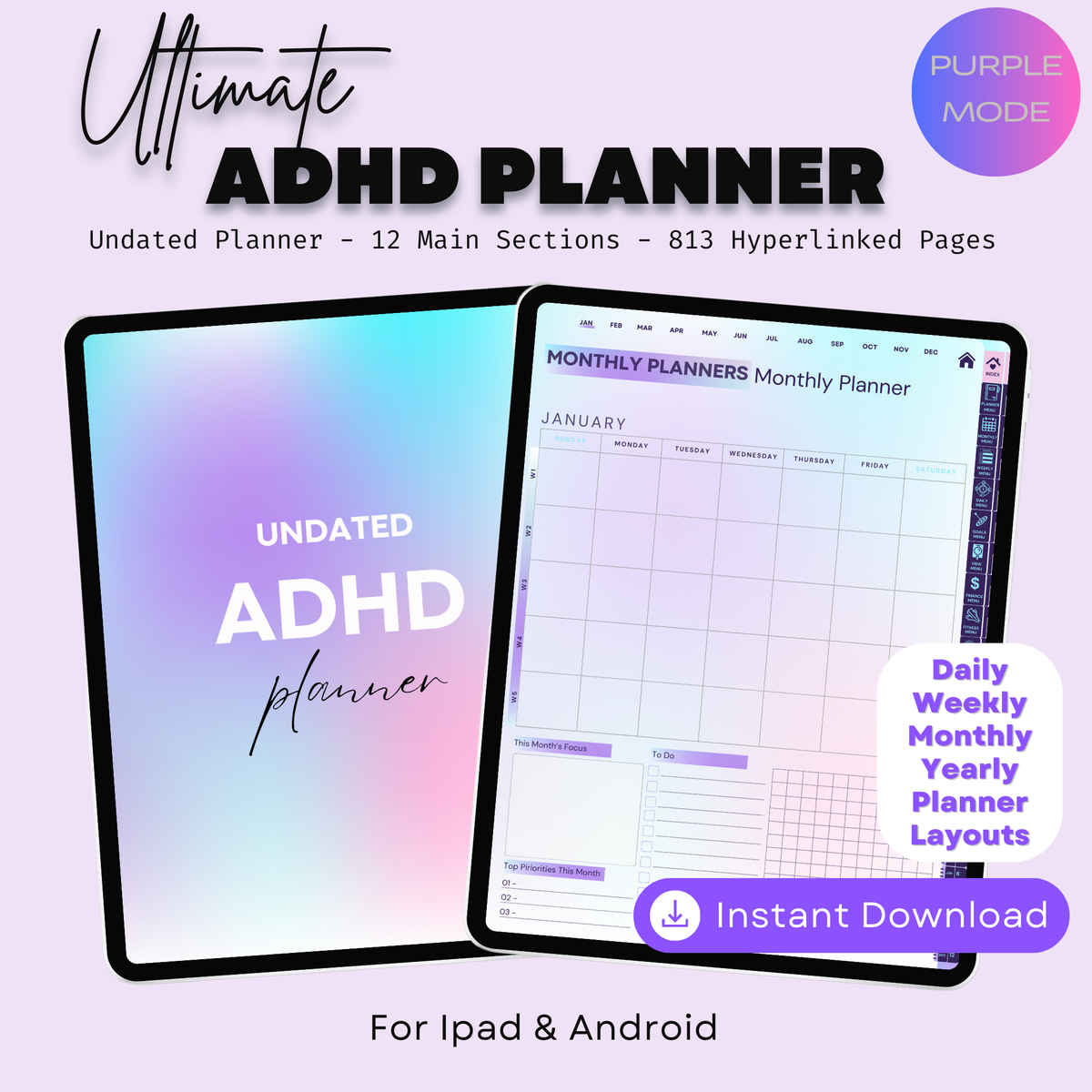 The Power ADHD Planner: Unleash Your Focus | Purple Mode, Hyperlinked for iPad & Android