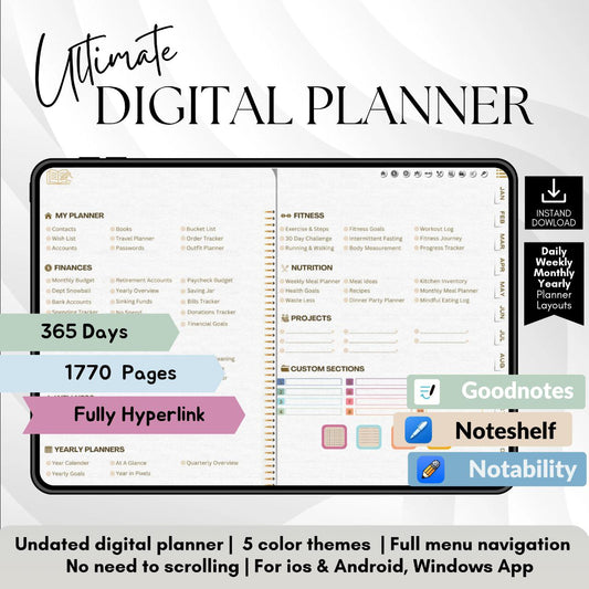 ADHD Digital Planner Horizontal White Background With Vintage Gold Accents | 1700+ Hyperlinked Pages | iPad & Android Compatible | Daily, Weekly, Monthly Planning | GoodNotes & Notability