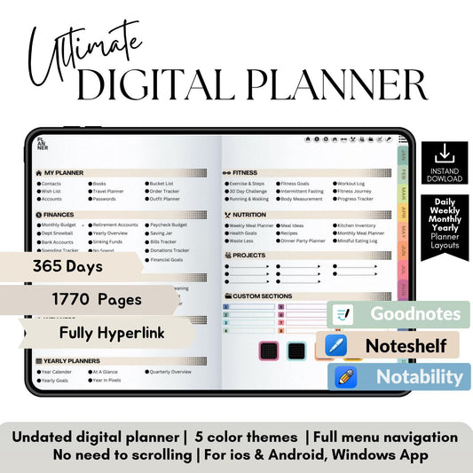ADHD Digital Planner Horizontal Gray | 1700+ Hyperlinked Pages | iPad & Android Compatible | Daily, Weekly, Monthly Planning | GoodNotes & Notability