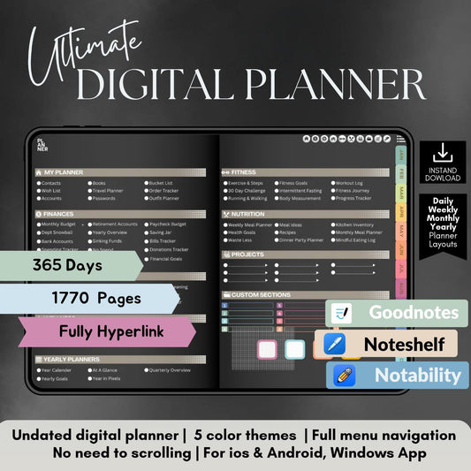 ADHD Digital Planner Horizontal Glossy Black | 1700+ Hyperlinked Pages | iPad & Android Compatible | Daily, Weekly, Monthly Planning | GoodNotes & Notability